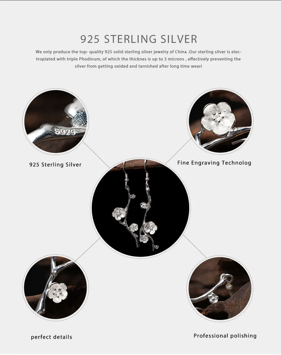 Серьги из стерлингового серебра 925 пробы для женщин Оригинальные висячие серьги сливы Подарок на годовщину гипоаллергенно ювелирные изделия YE25