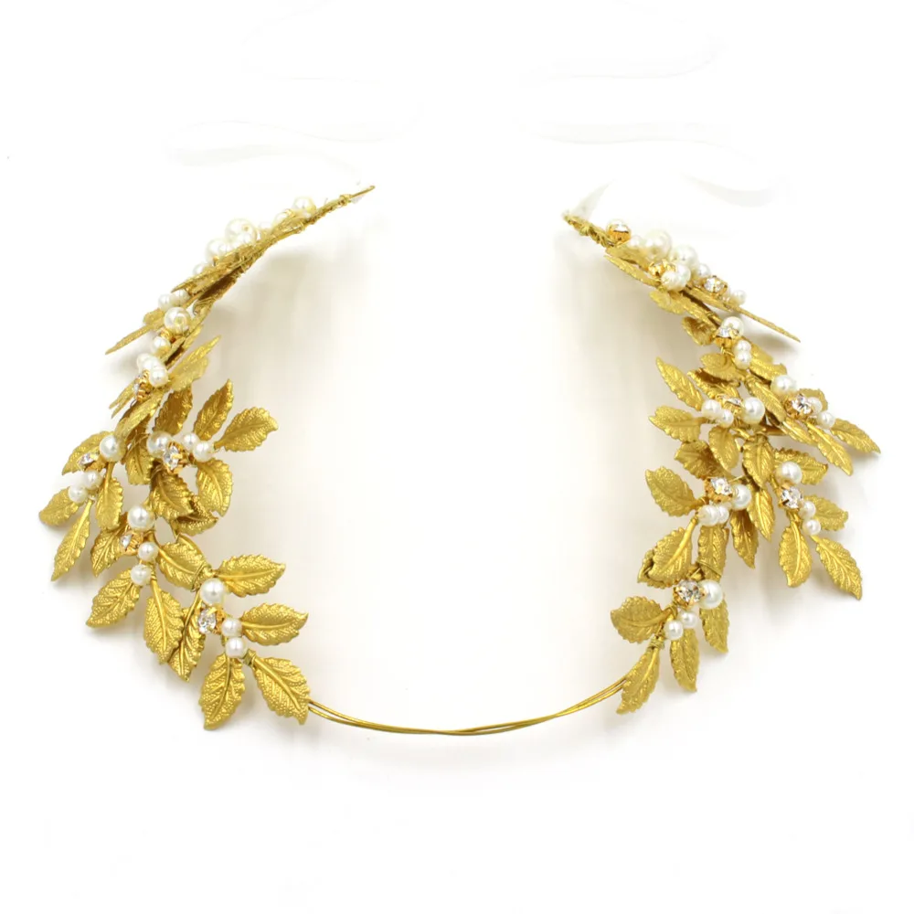 

Dower me Handmade Gold Leave Tiara Bridal Crown Vintage Wedding Hair Jewelry Pearl Accessories Women Headpiece