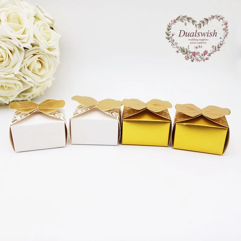 Dualswish, 25 шт., белая/Золотая Роскошная Свадебная коробка, коробка для конфет, Декор, Бабочка, Подарочная коробка, свадебные подарки для гостей, вечерние подарки