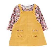 Комплект с платьем для маленьких девочек из 2 предметов, футболка с длинными рукавами и цветочным рисунком и милое платье на бретелях с объемным карманом весенне-осеннее детское платье с подтяжками вельветовое платье