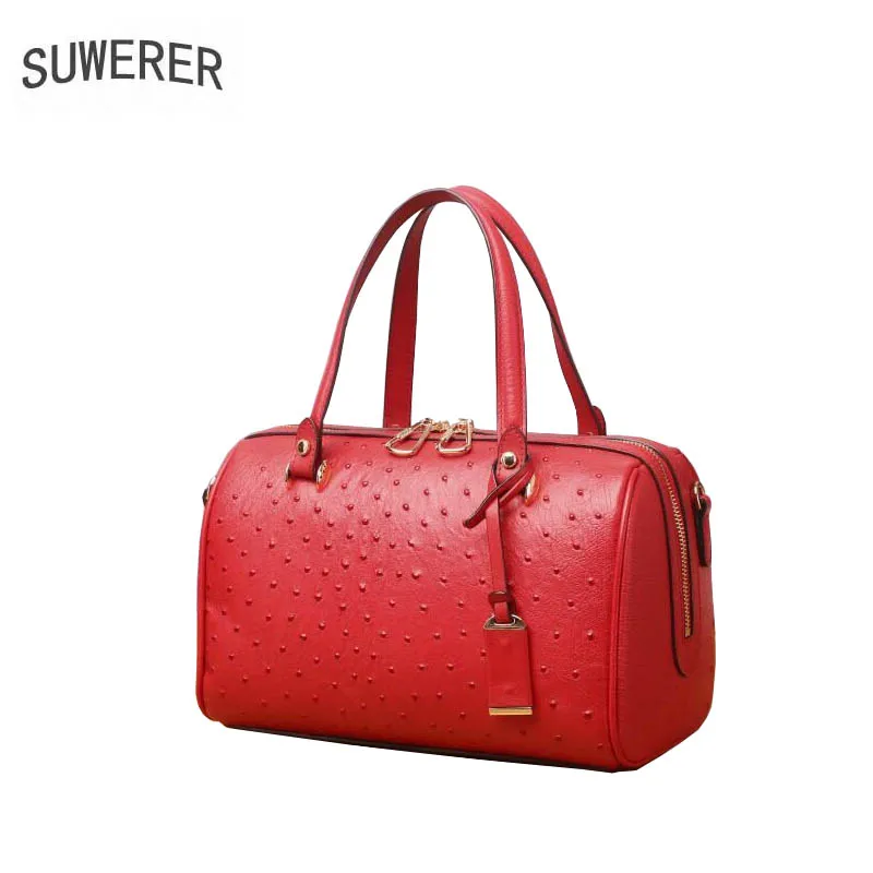 

SUWERER 2019 New Superior cowhide women genuine leather bags Embossed ostrich pattern Fashion Boston bag women leather tote bag