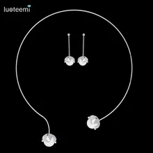 LUOTEEMI Silver Gold Color Superior Quality Flower Pendant Hoop Necklace Earring Sets for Women Fashion CZ