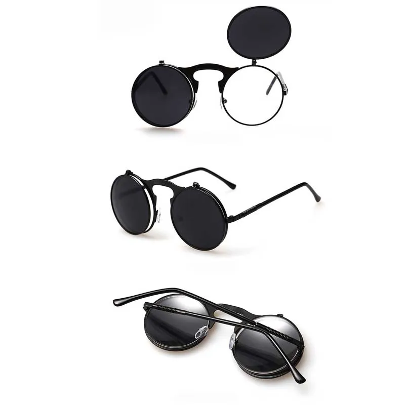 

Hot Sale Fashion Women Sunglasses Vintage Steampunk Goth UV400 Sun Glasses Goggles Round Flip Up Sunglasses for Ladies VL