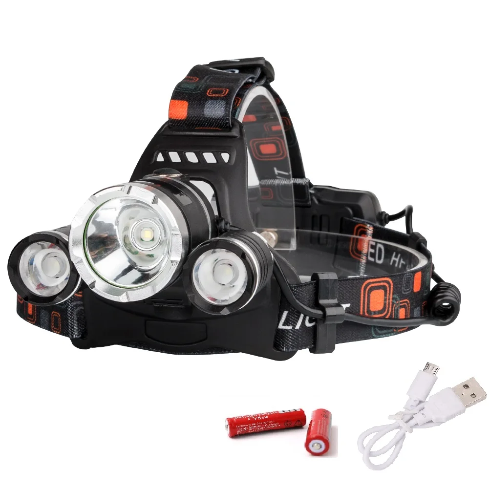 

USB Rechargeable Headlight XM-T6+2*R2 3 LEDs Headlamp Head Light Fishing Lamp Hunting Lantern +2x 18650 Battery +USB Charger