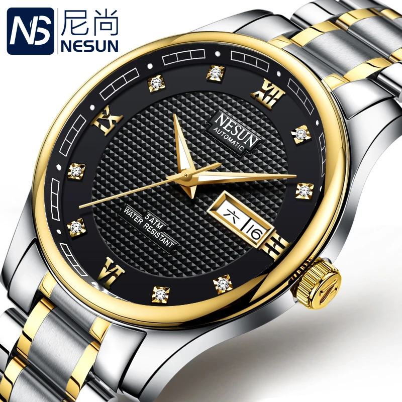 Switzerland Luxury Brand NESUN Diamond Automatic Mechanical Men's Watches Dual Calendar Luminous Hands Waterproof Clock N9121 switzerland moon phase gmt tourbillon mechanical watch men miyota watch automatic sapphire glass cowhide band wristwatch for men