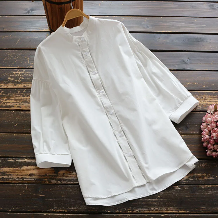 

5920 new summer women mori girl Literary Cotton solid color shirt stand collar nine quarter sleeve loose Lace hollow blouse