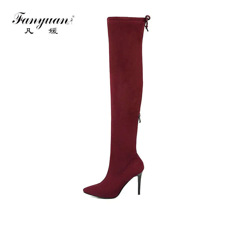 

Fanyuan Winter Thigh High Boots Stiletto High Heel Flock Long Sock Boots Pointed Toe Ultra Over The Knee Boots Female Black Grey