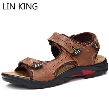 

LIN KING Top Quality Men Sandals Summer Genuine Leather Sandals Men Outdoor Beach Shoes Man Anti Skid sandals Plus size 46 47 48