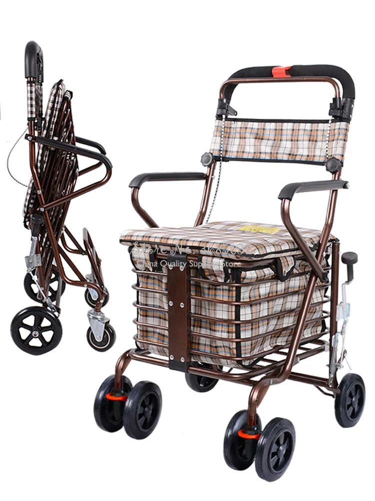 Складная тележка для покупок, может сидеть и нажимать, четырехколесные ходунки, маленькая тележка для пожилых людей с корзиной для хранения
