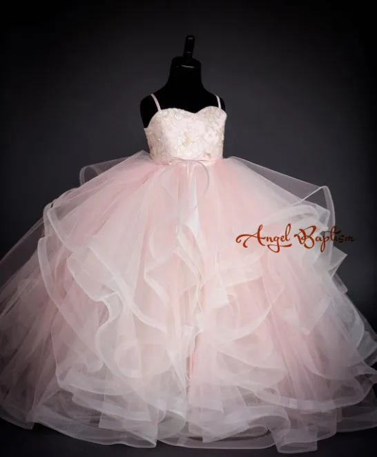 

Little Princess ball gown pink tulle lace toddler kid glitz pageant gown puffy ruffles sweetheart girl long performing dresses