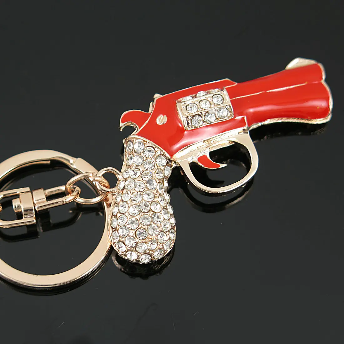 Red Enamel Revolver Magnum Gun Key Chains Holder Crystal Purse Bag