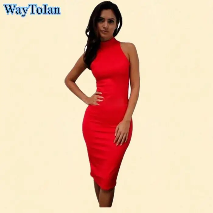 

WayToIan Spring Summer Fashion Turtleneck Sleeveless Elegant Pencil Dress Women Sexy Club Cocktail Party Bodycon Bandage Dress