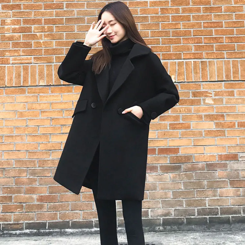 

2018 Autumn Winter New Korean Loose Large Size Black Woolen Coat Lapel Double Breasted Female Long Wool Jacket LQ293