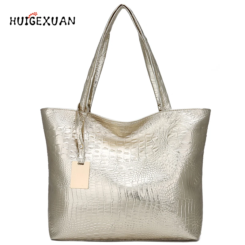 Us 12 55 37 Off Women Large Capacity Handbags Soft Pu Leather Crocodile Bag Las Casual Ping Tote Bags Shoulder Sac Main Silver Gold In