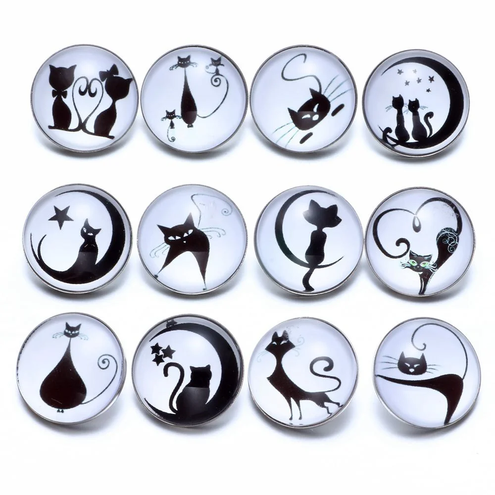 

12pcs/lot Black&White Theme Cat Pattern Glass Charms 18mm Snap Button Jewelry For 18mm Snaps Bracelet Snap Jewelry KZ0684c