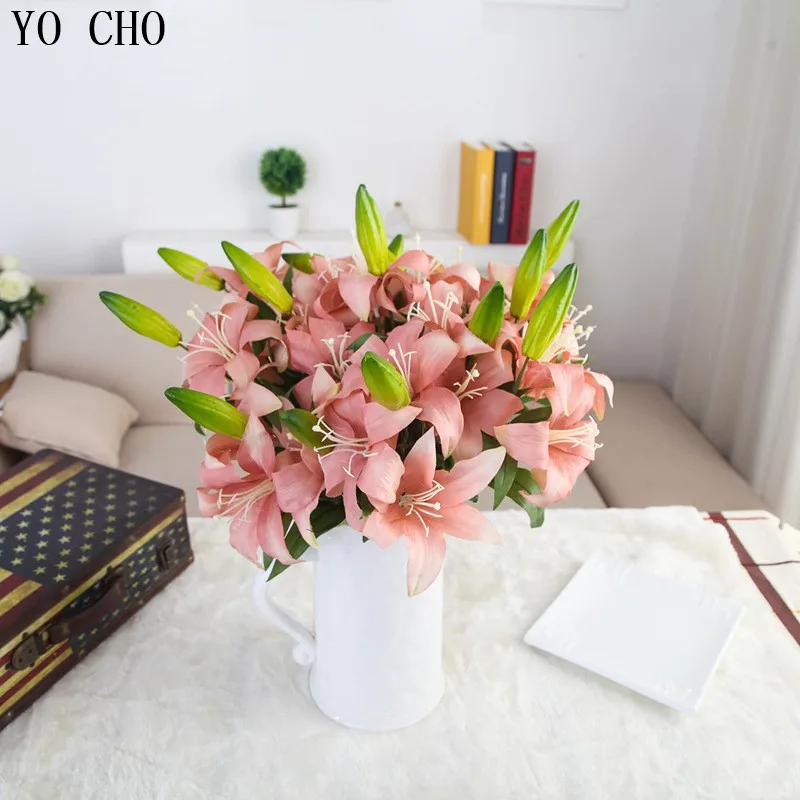 

YO CHO Artificial Flowers Silk Wedding Decoration Lily Flower Seeds Red Heart White Lilium Brownii Seeds Balcony Bonsai Plant