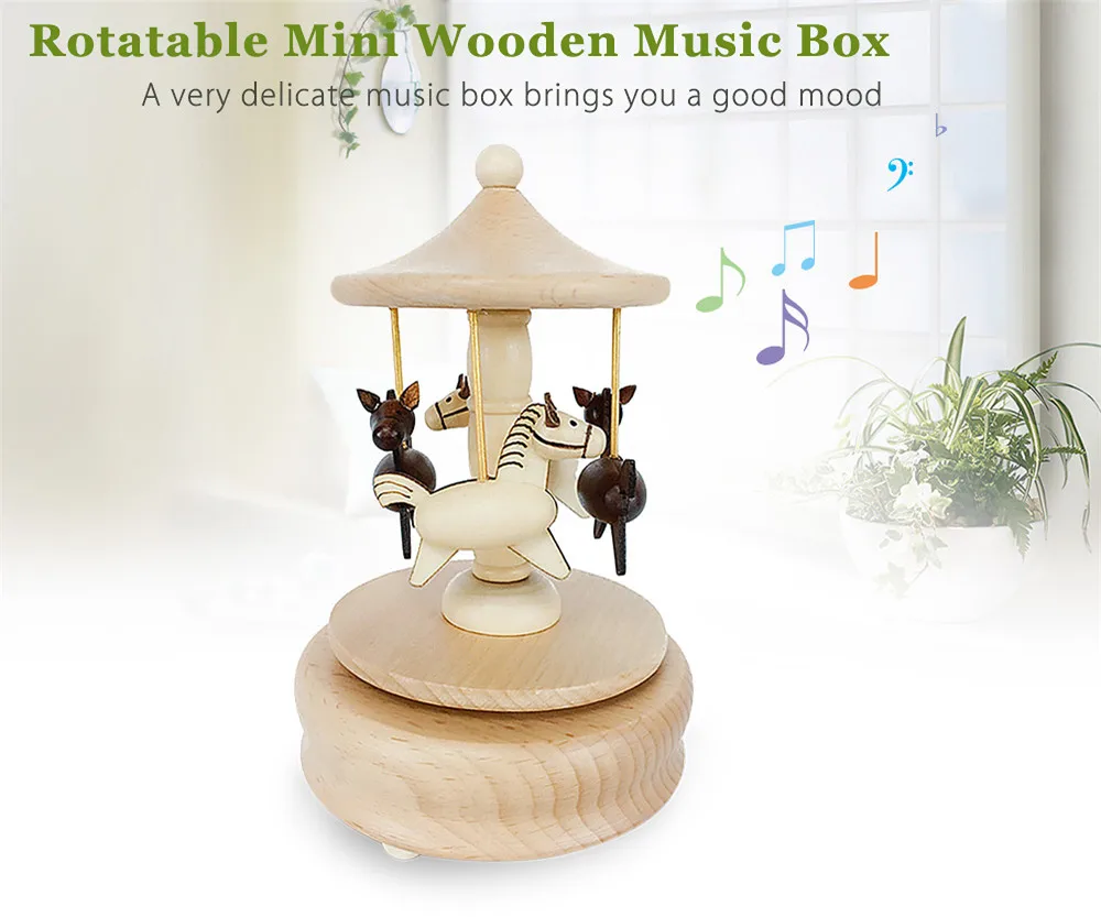 

High Quality Wooden Music Box Rotatable Carousel Wooden Music Box Toy Decoration Christmas Xmas Brithday Gifts for Kids