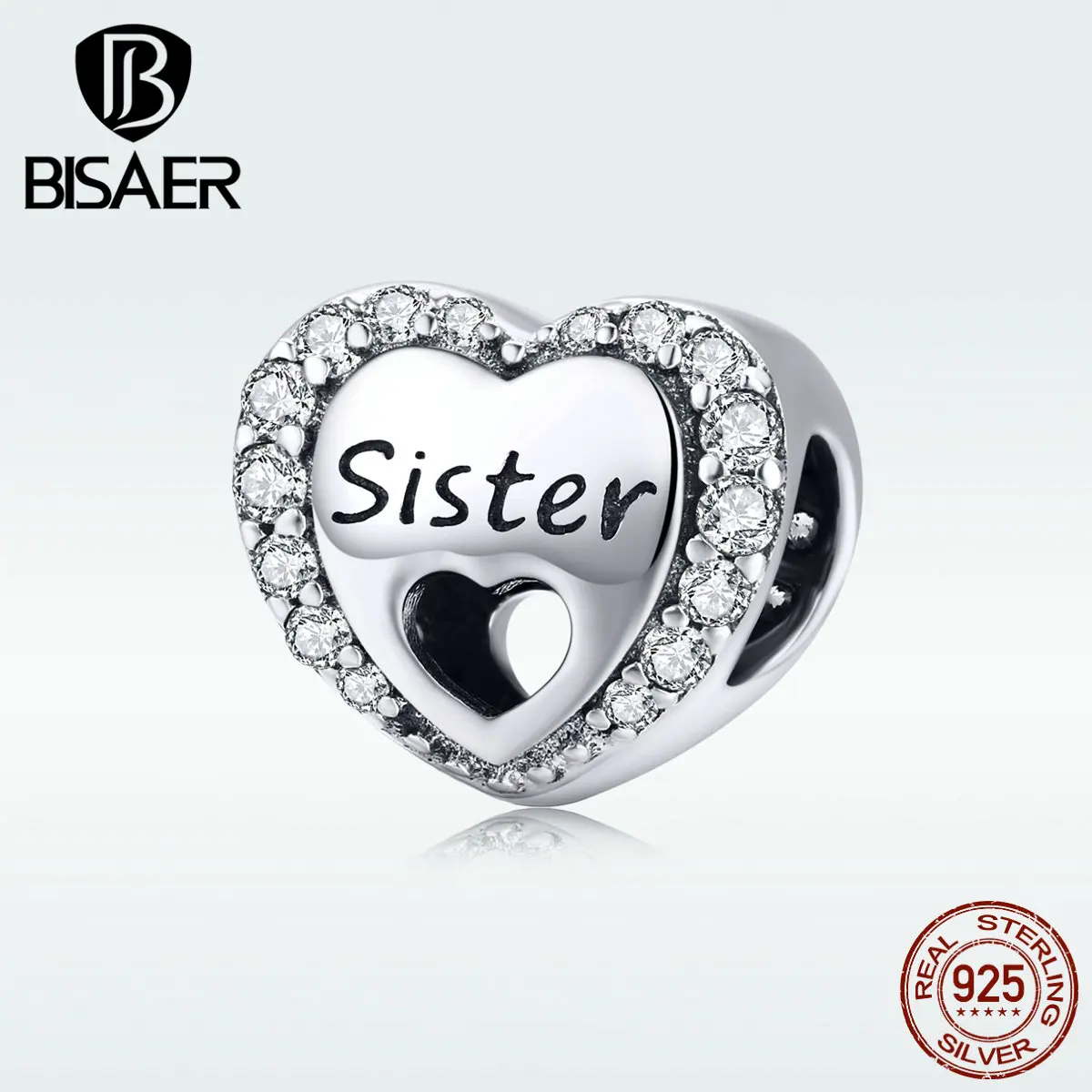 BISAER 100% 925 пробы Серебряный Подарок для сестры подвески в форме сердца бусины