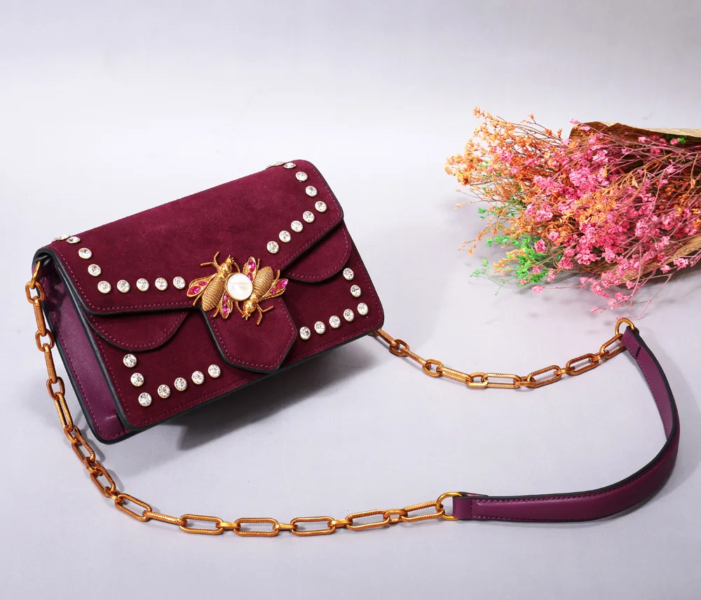 

2019 New Leather Woman bag scrub cowhide bee crossbody bag fashion chain lady shoulder Bag