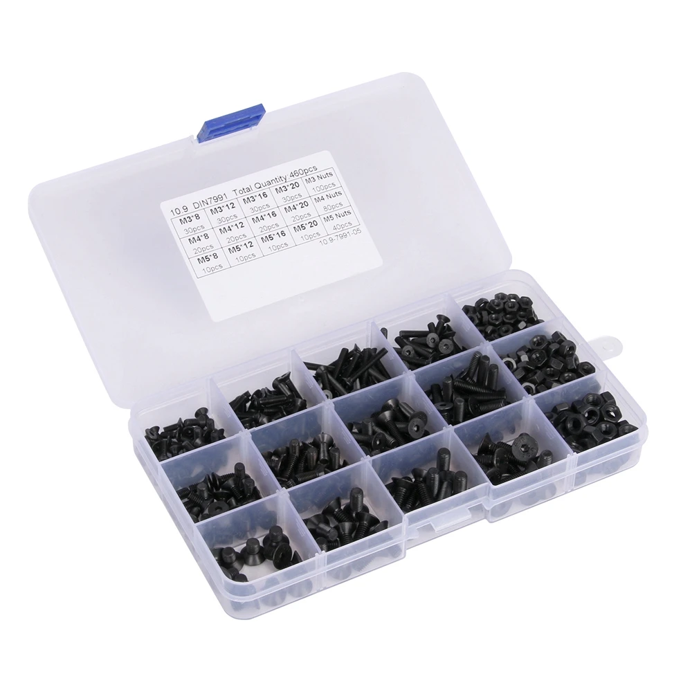 

460Pcs M3 M4 M5 Alloy Steel Countersunk Flat Head Hex Socket Cap Screws Nuts Set Assortment Kit Precise Metric Bolts Nuts Set