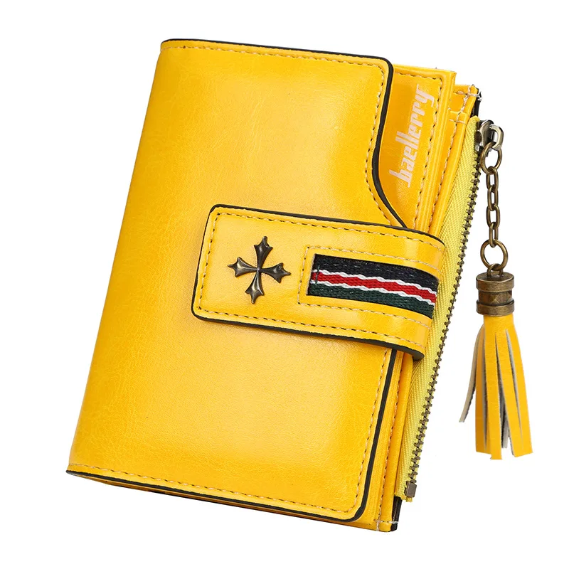 Кошелек женский короткий корейский стиль масло воск кожа tassled женская сумка мода мульти карта бит кошелек на молнии - Цвет: Yellow