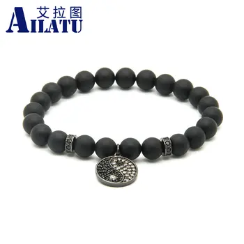 

Ailatu Wholesale 10pcs/lpot 8mm Black Matte Onyx Stone with Micro Paved Zircon Mix Colors Yingyang Tai Chi cz Beads Bracelets