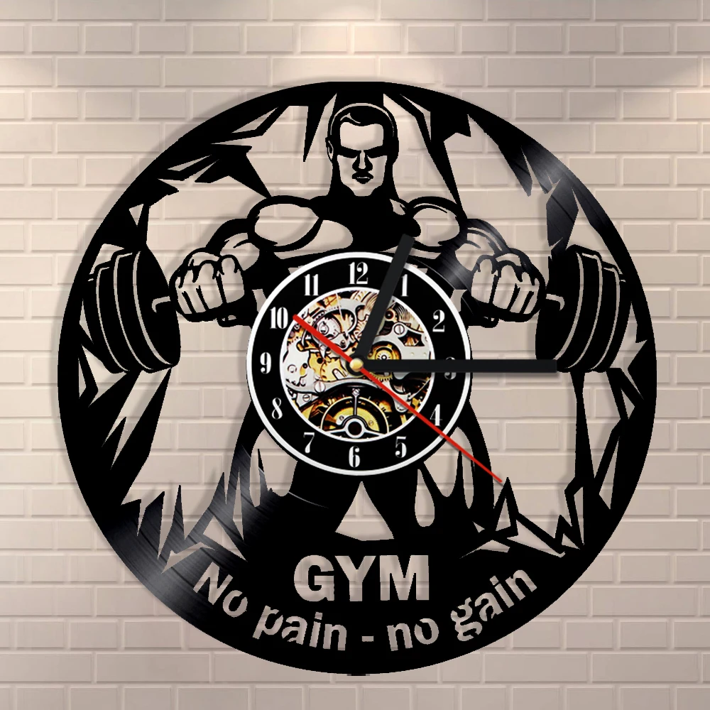1Piece 12 Inch Quartz Movement Vinyl Wall Mounted Clock Gym Art Decor Clock No Pain No Gain