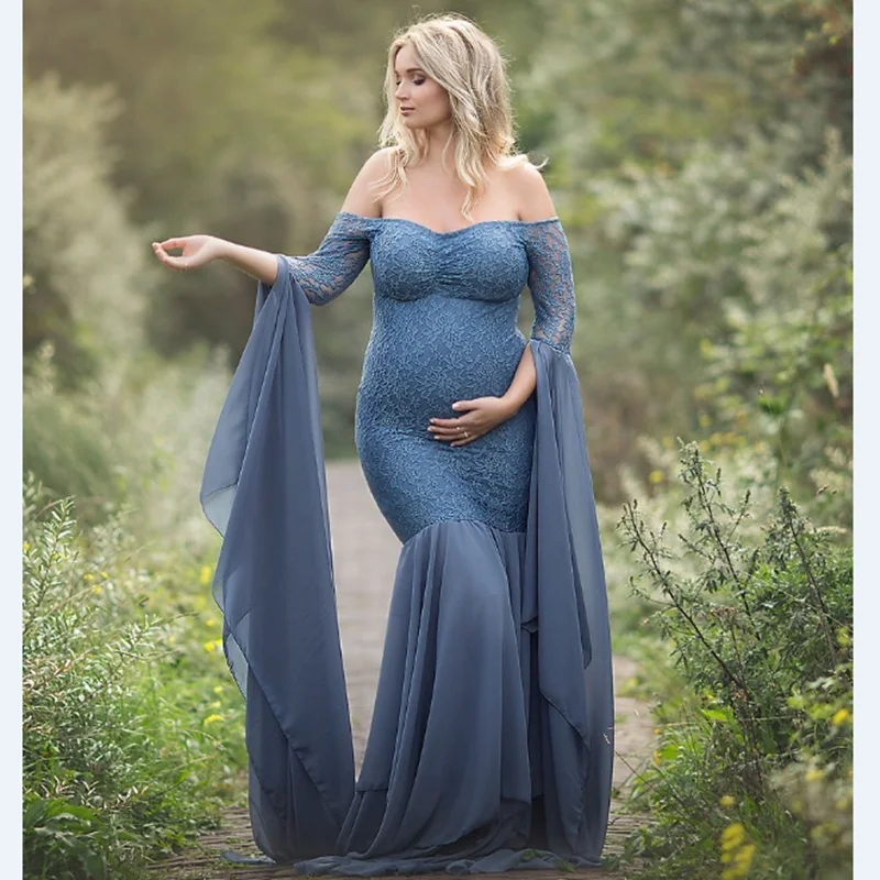 

Maternity Dress for Photo Shoot Maxi Maternity Gown Long Sleeves Lace Stitching Fancy Women Maternity Photography Props