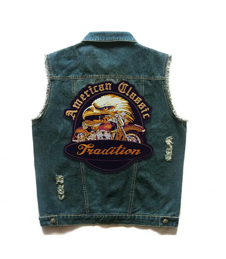 Men's Cotton Denim Motorcycle Vest Personality Patchwork Embroidery Eagle Patch Blue Denim Vest