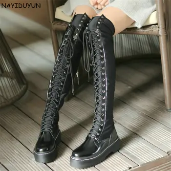 

Thigh High Military Boots Women Black Lace Up Over The Knee Pumps Shoes Winter Tall Shaft Punk Sneakers New Strappy Riding Boots