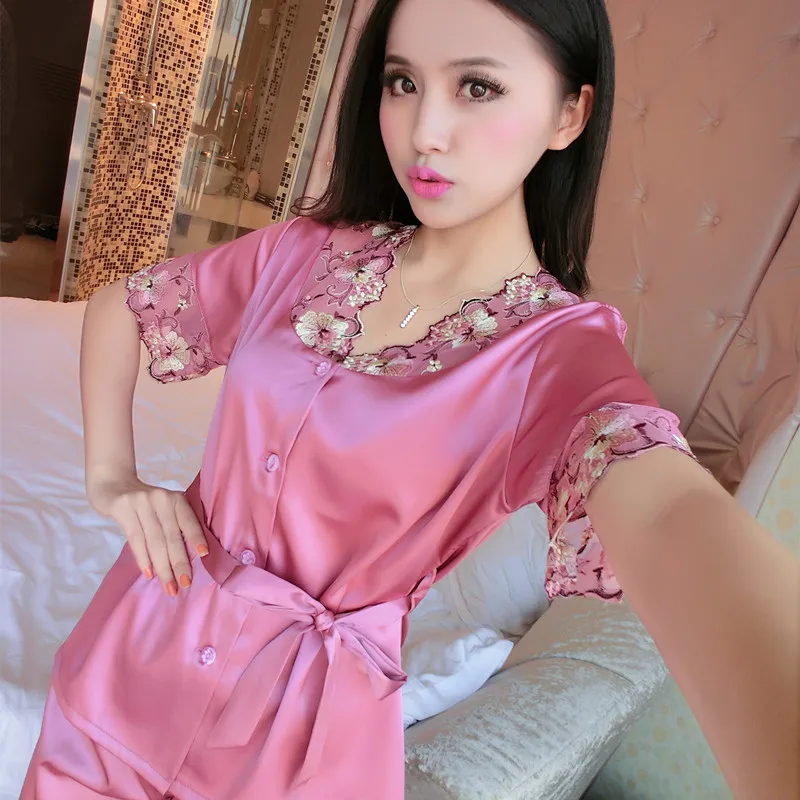 Women Silk Satin Pajama Set Summer Short Sleeve Embroidery Pajamas Sets