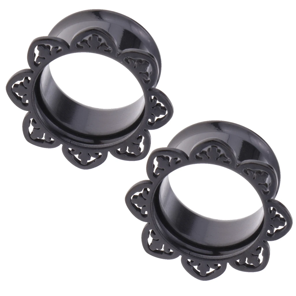 2Pieces Black Flower Stainless Ear Flesh Tunnels Flared Earrings Gauges 8mm