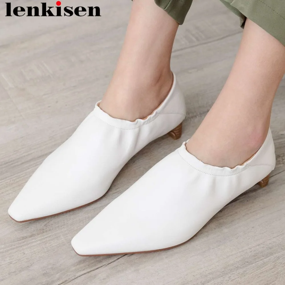 

Lenkisen new arrival luxury sheep leather wood low heels slip on women pumps simple style square toe British school shoes L08