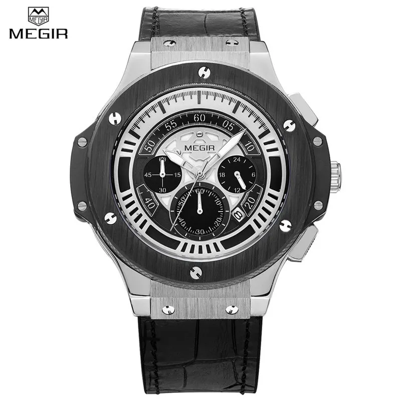 MEGIR Men Chronograph Waterproof New Style Casual Watch Large Dial 24 Hours Function Military Sport Watch