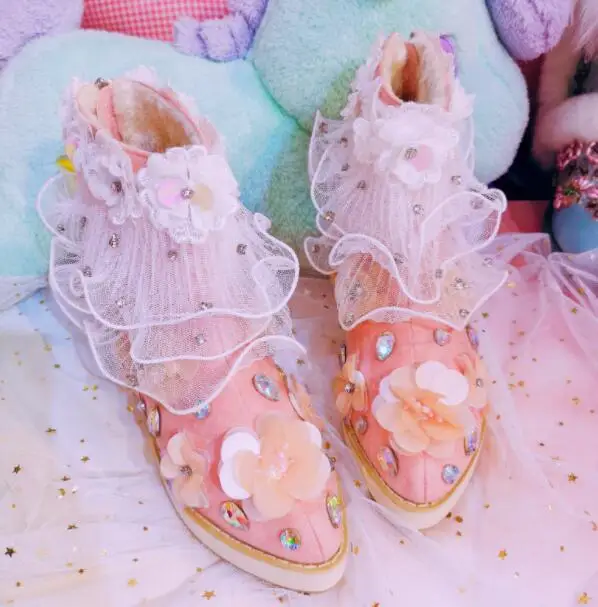 Main C D'hiver Doux La Et Bas 2018 Chaussures Talons Automne Coton Japonais Paillettes Court Fleur Nouvelle Dentelle Femelle Épais Tube À Rose Pointu qAf1q8EwW