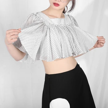 

DEAT 2020 New Spring Summer Round Neck Half Sleeve Plaid Prined Ruffles Loose Short Shirt Women Blouse Fashion Tide JU522