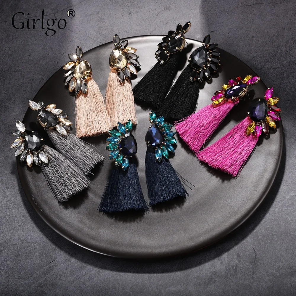 

Girlgo Bohemian Fashion Long Fringed Dangle Tassel Earrings For Women Crystal Drop Earrings Wedding Jewelry Bridal Gifts Bijoux