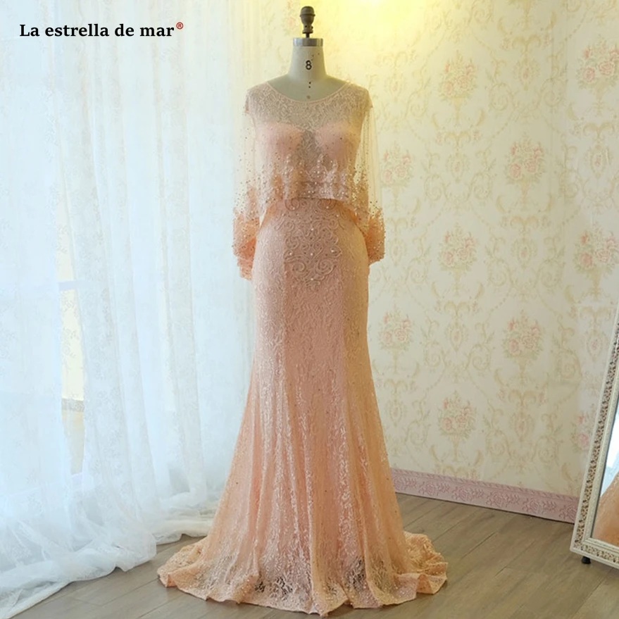 Vestiti eleganti donna cerimonia sera nieuwe kant lange mouw shawl roze donker groen rood moeder van de bruid jurken lange elegante Vestiti eleganti donna cerimonia sera nieuwe kant lange mouw shawl roze donker groen rood moeder van de bruid jurken lange elegante