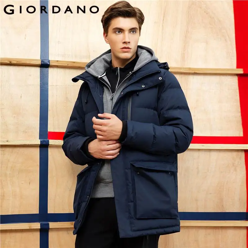 Giordano Men Down Jacket Solid Detachable Hood Down Coat Long Sleeves