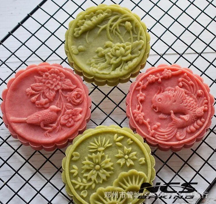 200g round shape flower fish bird design Mooncake mung bean cake Molds mould with 4 Stamps plastic hand pressure 50sets/lot | Дом и сад