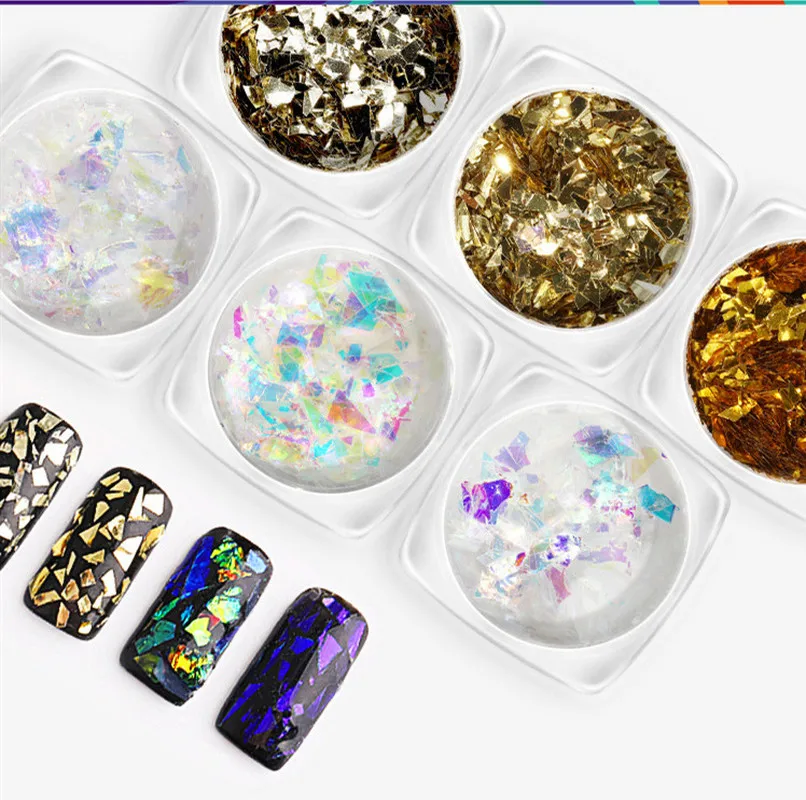 

6Pcs/Set Gold Silver Glitter Nail Foil Sticker Gel Adhesive Glue Image Transfer Paillette Flake Full Cover Laser Decal Decor