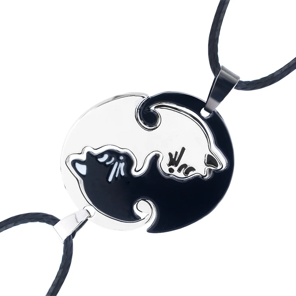 

1set Black white Couple cat Pendants Her King His Queen Couple Necklace Enamel crown Jewelry Valentines Gift