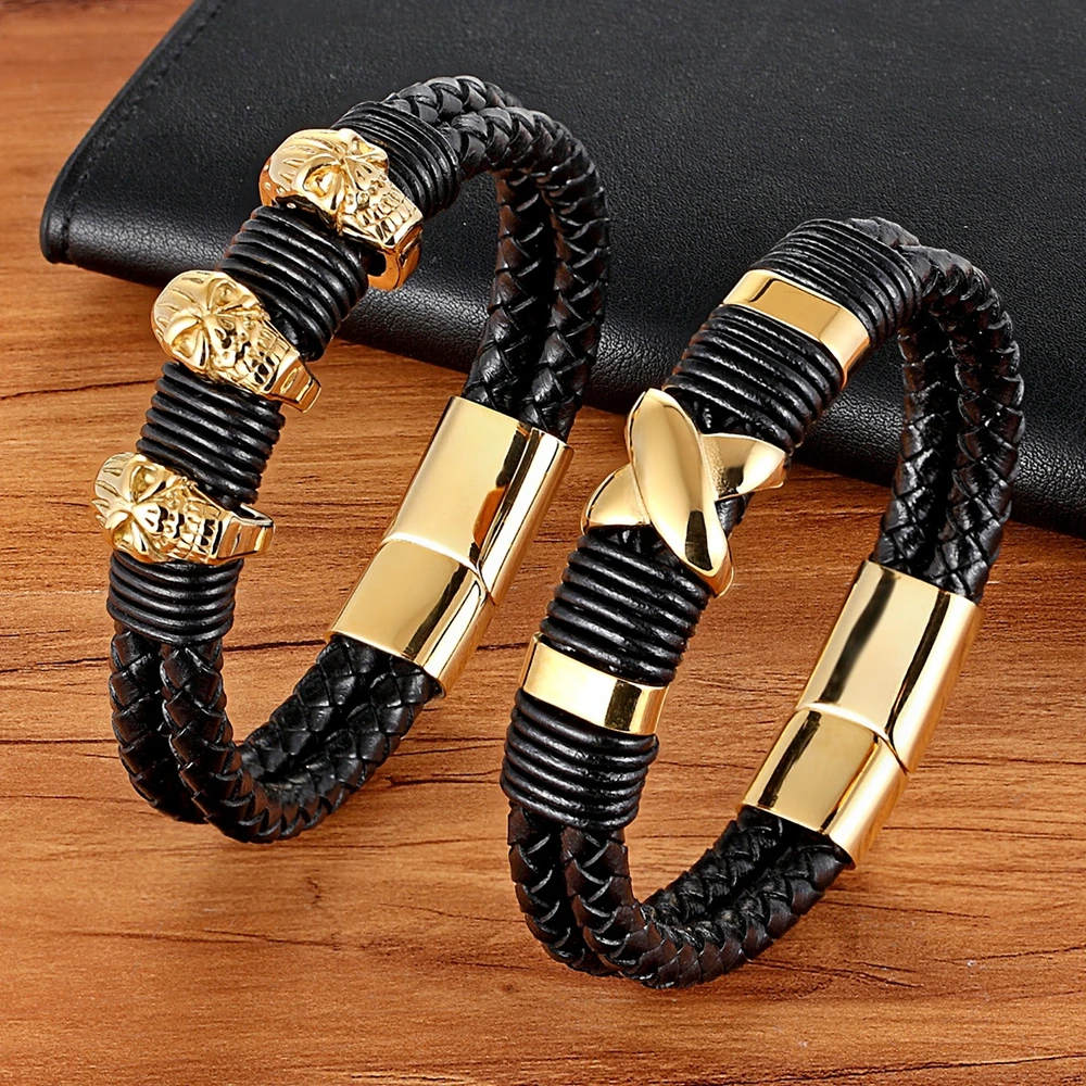 XQNI 2018 New Fashion Luxury Accessories Bangle Men Genuine Leather Bracelet Gold with Geometric/Skeleton Design Jewelry Present