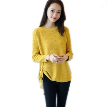 

New Sweet Lace-Up Autumn Winter Women Knitted Sweater Pullovers 2018 Long Sleeve Short Female Sweater Slim O-Neck Thin CQ2156