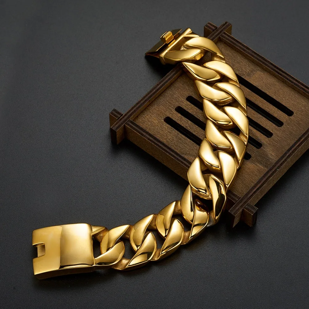Хип-хоп мужской браслет 316L Нержавеющая сталь тяжелый 26 мм широкий золотой тон Снаряженная кубинская цепь браслет для мужских ювелирных изделий 8 ''-11'' дюймов