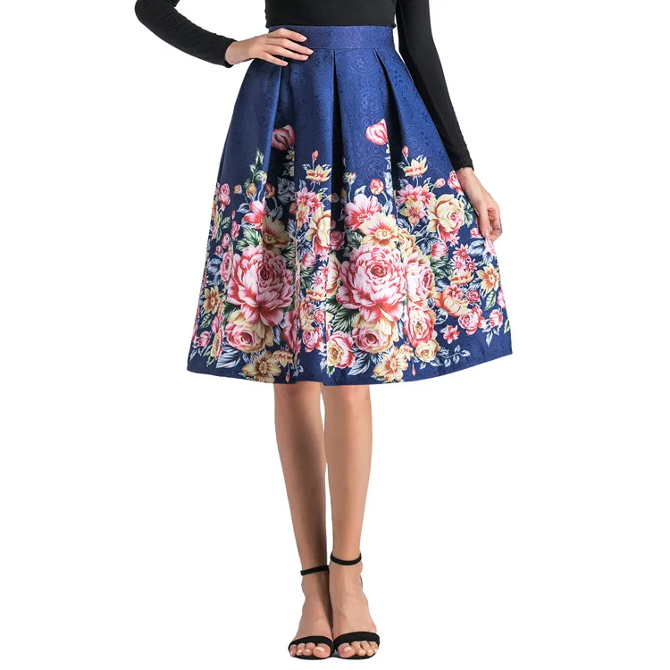 Fanco женский жаккардовый цветочный принт Плиссированное бальное платье миди с широким и коротким подолом винтажная юбка Флористический с высокой талией Saias