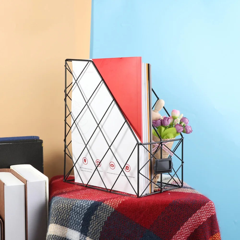 

Iron Grid Storage Rack Metal Double Layers Desktop Book File Magazine Organization Holder Book Stand Bookends Stationery Holder