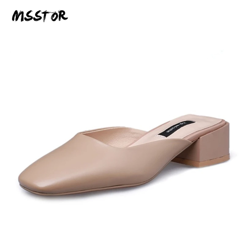 

MSSTOR Cow Leather Mule Shoes Women Fashion Elegant Rubber Solid Outside Square Heel Summer High Heels Square Toe Women Slipper