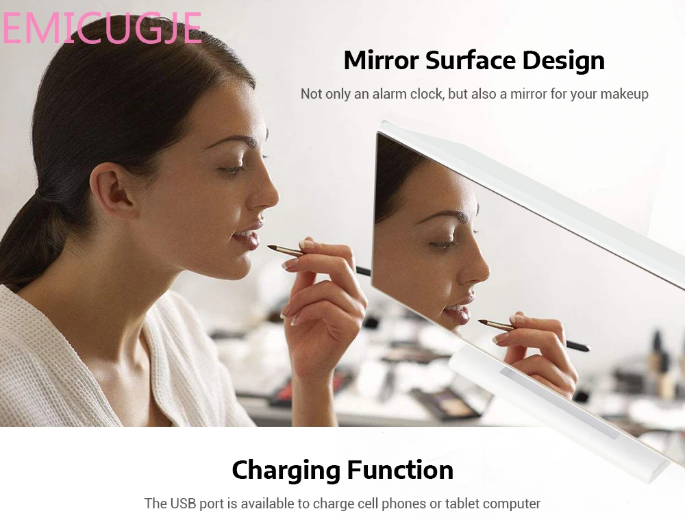 Mesa de escritorio electrónica reloj Digital espejo reloj de superficie con gran pantalla LED puerto USB para dormitorio