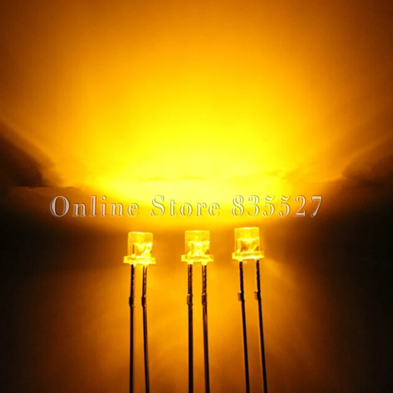 

100PCS/LOT F3 / 3mm flat head with side long-legged Transparent shell yellow 588-590nm line LED light-emitting diode water clear
